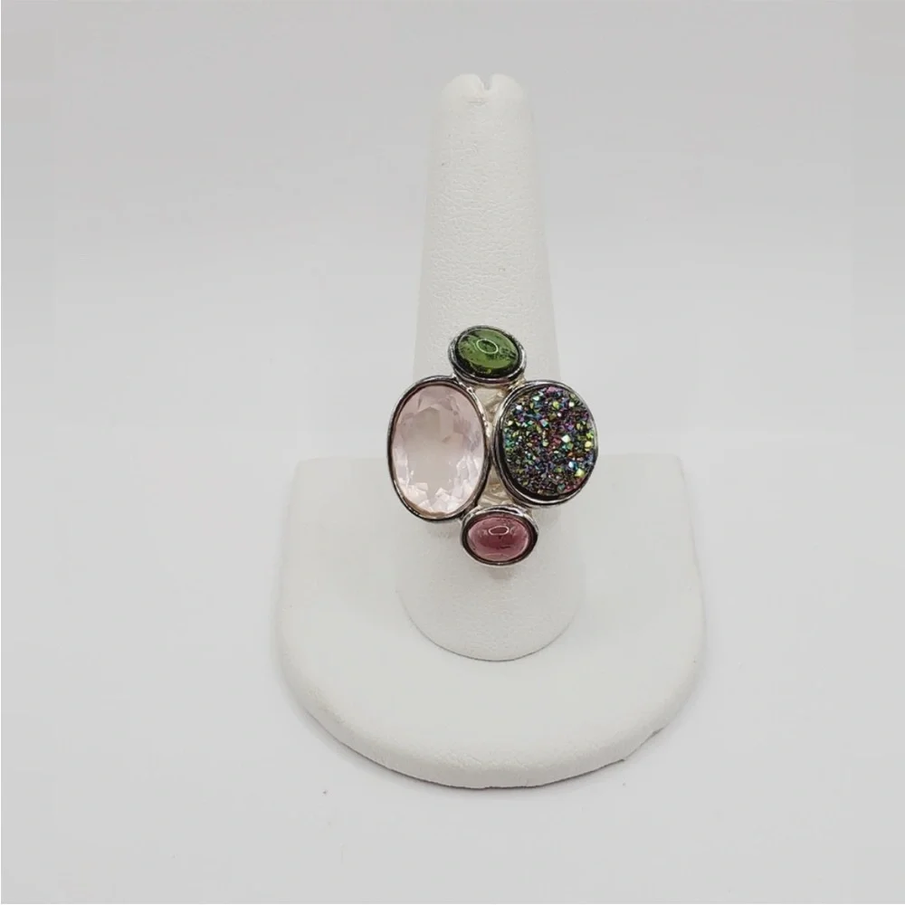 925 Sterling Silver Pink & Green Tourmaline - Pink & Druzy Quartz Statement Ring - Picture 6 of 8